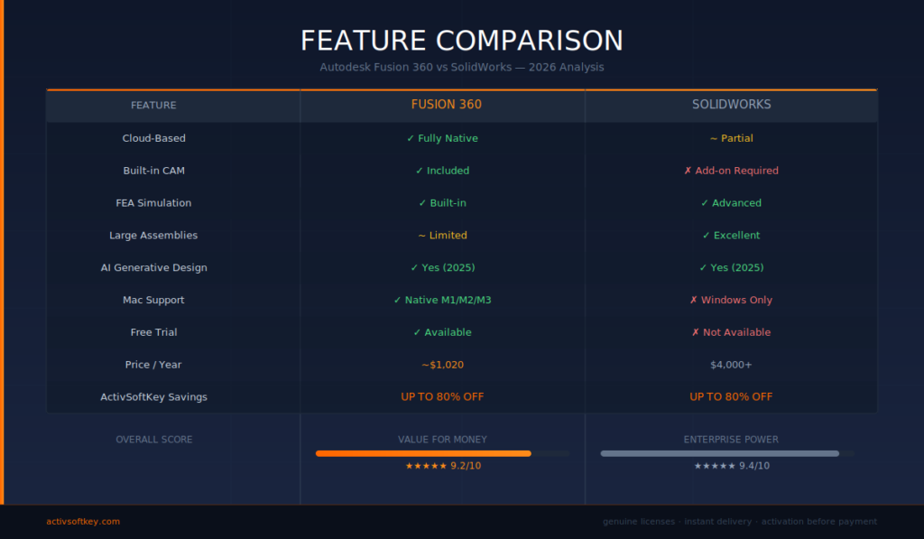 Autodesk Fusion 360 vs SolidWorks feature comparison table 2026
