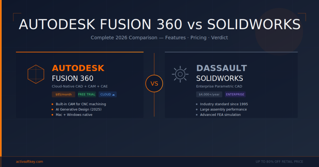 Autodesk Fusion 360 vs SolidWorks comparison 2026 — features and pricing